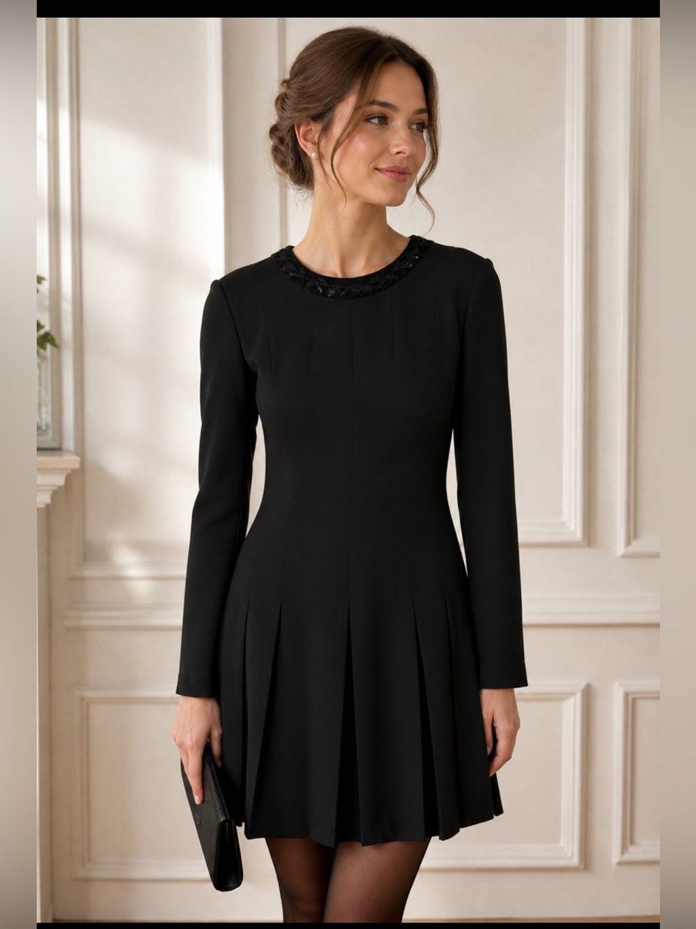 Black Long-Sleeve Pleated Skater Dress with Beaded Neckline